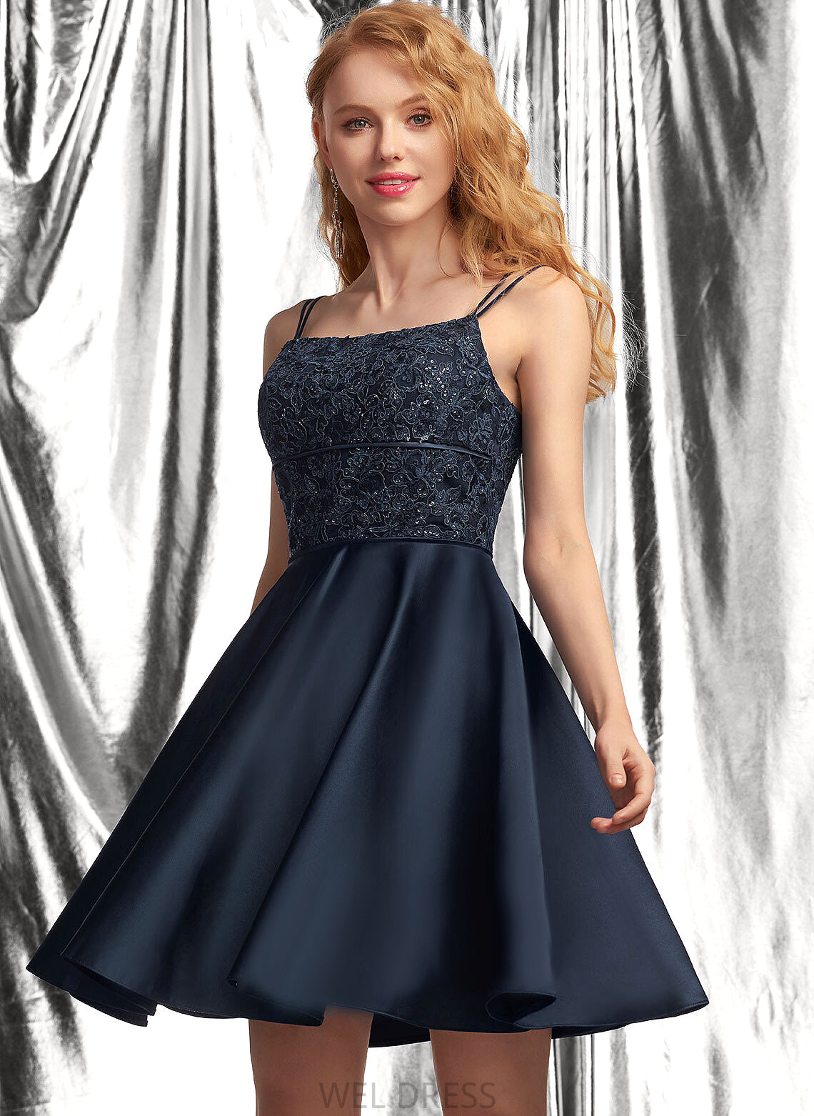 Sequins Prom Dresses Short/Mini Satin A-Line Lace With Square Irene Neckline