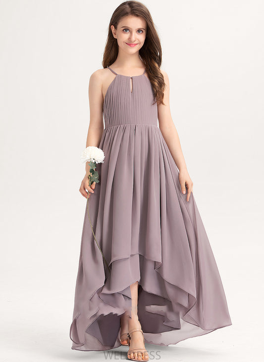 A-Line Patricia Asymmetrical Chiffon Scoop With Bow(s) Junior Bridesmaid Dresses Ruffle Neck
