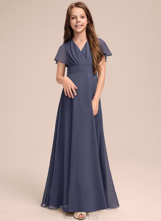 V-neck With Daniella Ruffle Bow(s) Chiffon Floor-Length A-Line Junior Bridesmaid Dresses