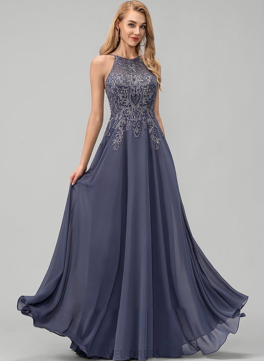 Prom Dresses Neck With Lace Sequins A-Line Marely Scoop Floor-Length Chiffon