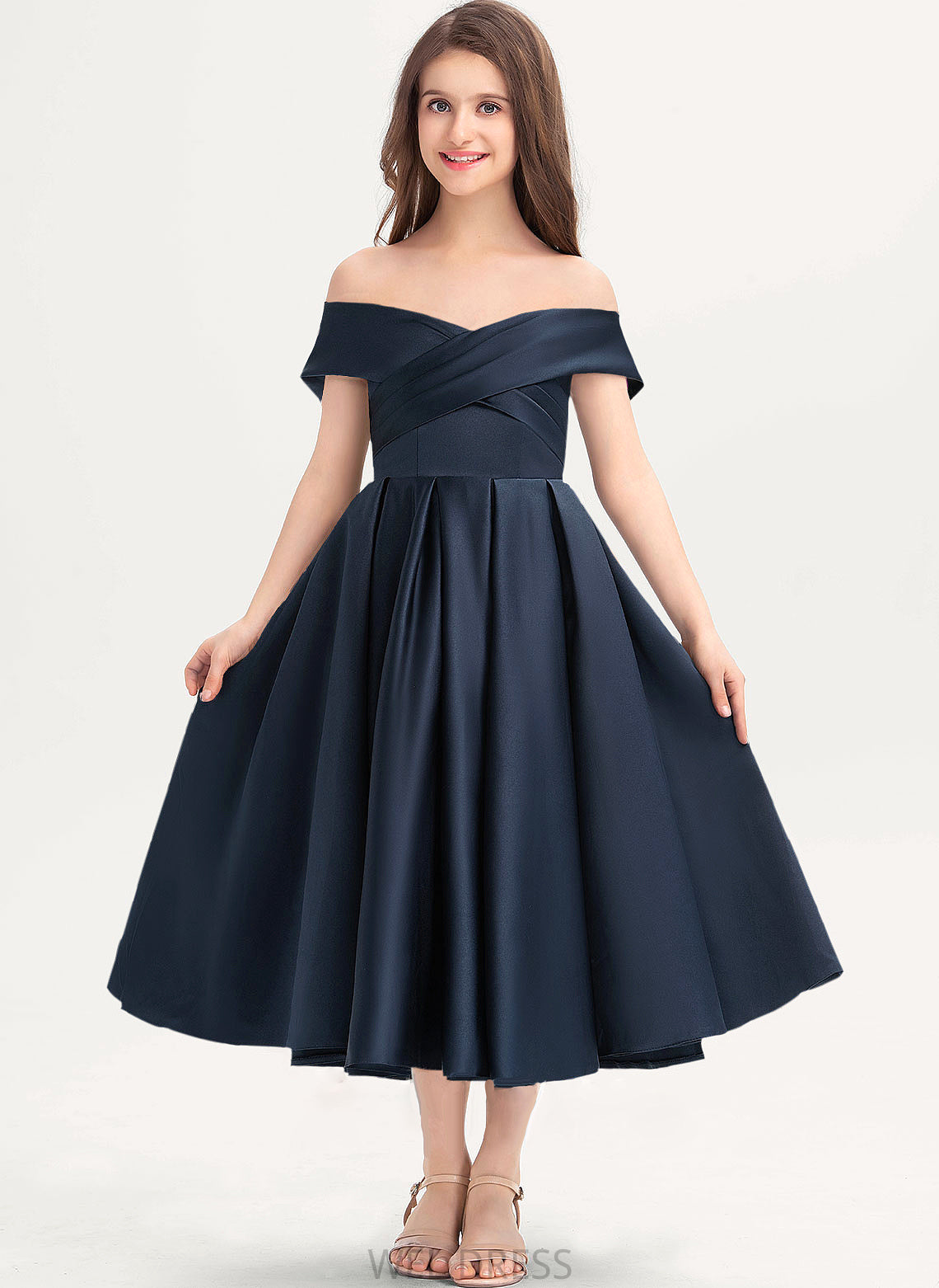 Pockets Sarah Off-the-Shoulder Tea-Length Satin Junior Bridesmaid Dresses With A-Line Ruffle