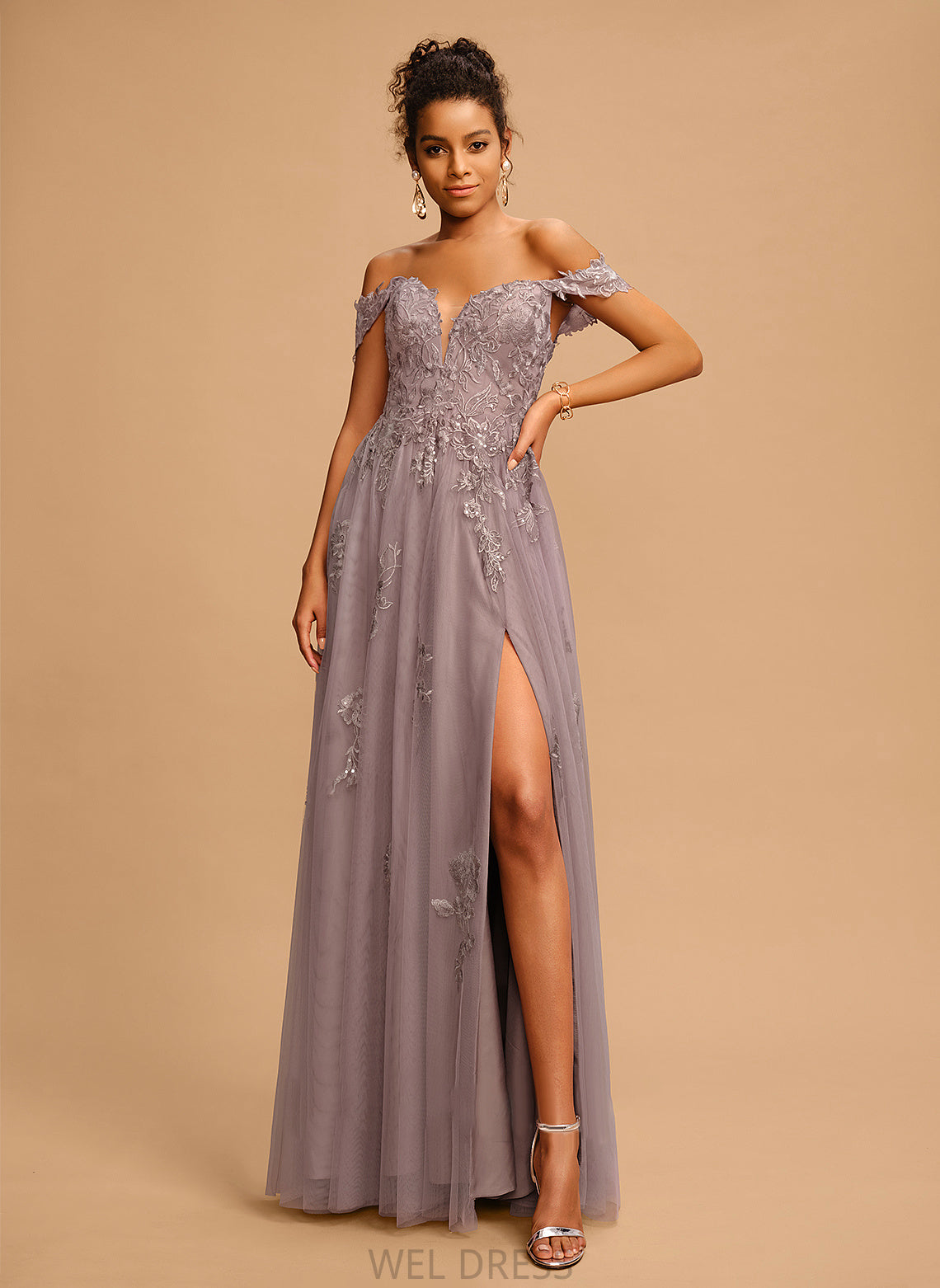Prom Dresses A-Line With Off-the-Shoulder Tulle Floor-Length Alma Sequins