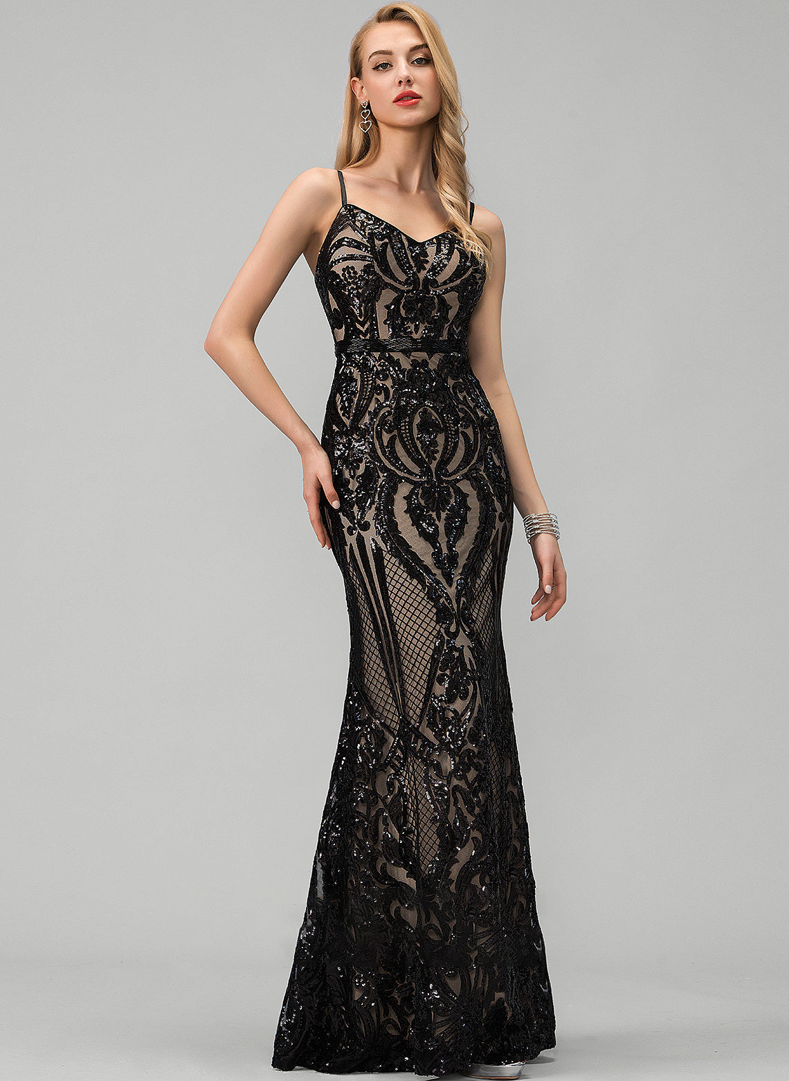 V-neck Joslyn Sequins With Floor-Length Trumpet/Mermaid Sequined Prom Dresses