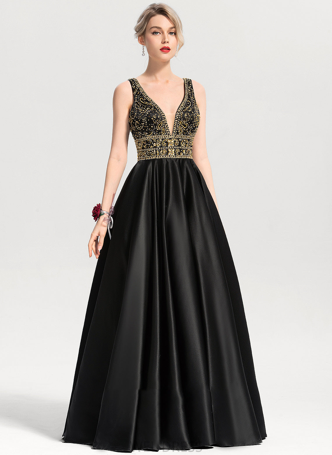 Prom Dresses Beading Floor-Length V-neck Satin With Rylie Sequins Ball-Gown/Princess