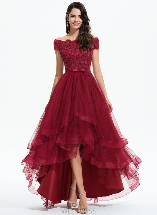 Sequins Beading Prom Dresses Bow(s) With Ball-Gown/Princess Asymmetrical Tulle Siena Off-the-Shoulder