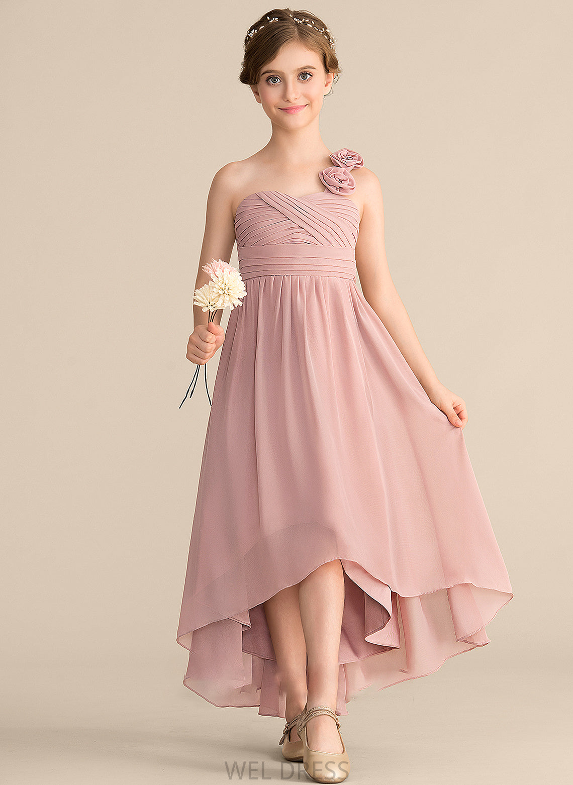 A-Line Flower(s) Ruffle Chiffon With Bow(s) Asymmetrical Junior Bridesmaid Dresses One-Shoulder Joy
