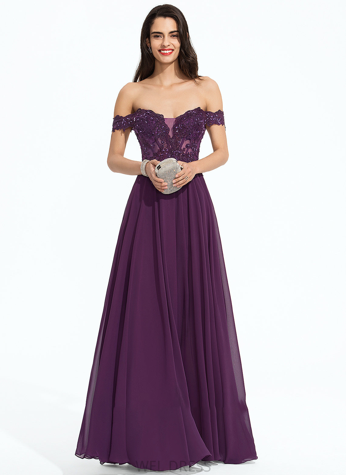 Ball-Gown/Princess Floor-Length Off-the-Shoulder With Lauren Prom Dresses Beading Sequins Chiffon