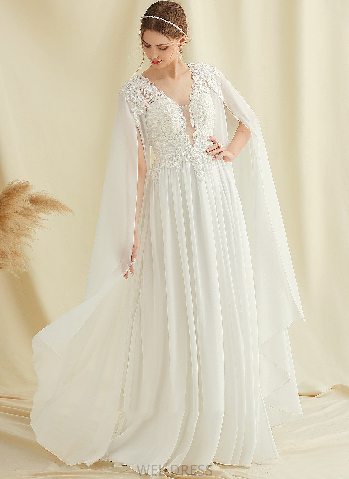 Floor-Length V-neck Wedding Wedding Dresses Emerson Dress Chiffon Sequins With Lace A-Line
