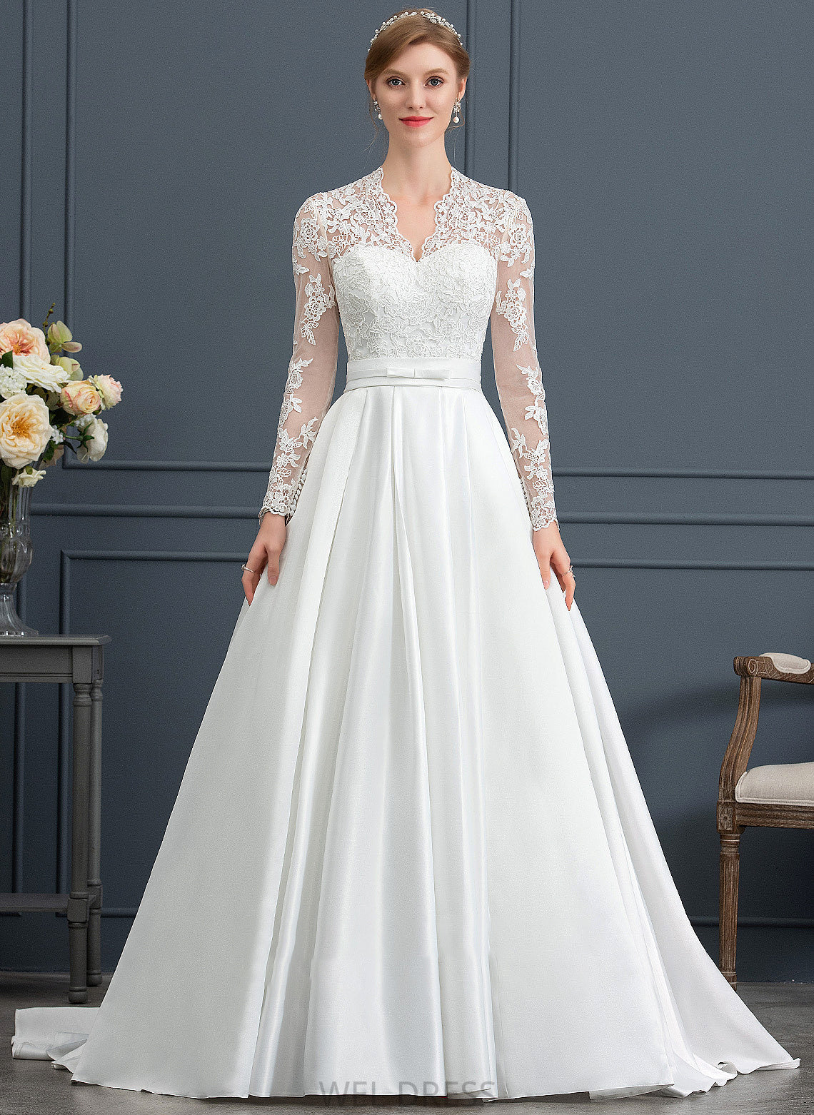Ball-Gown/Princess Bow(s) Wedding Satin Train Dress Wedding Dresses Court Abbey V-neck With