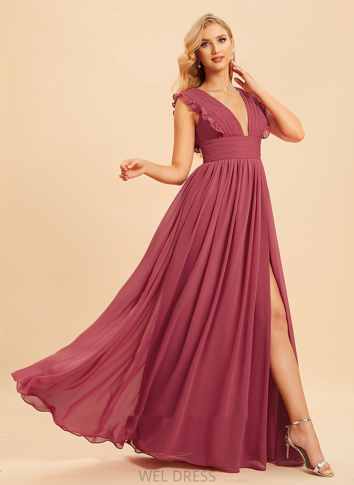 V-neck Length Silhouette Ruffle Embellishment Fabric A-Line Floor-Length Neckline SplitFront Siena V-Neck Bridesmaid Dresses