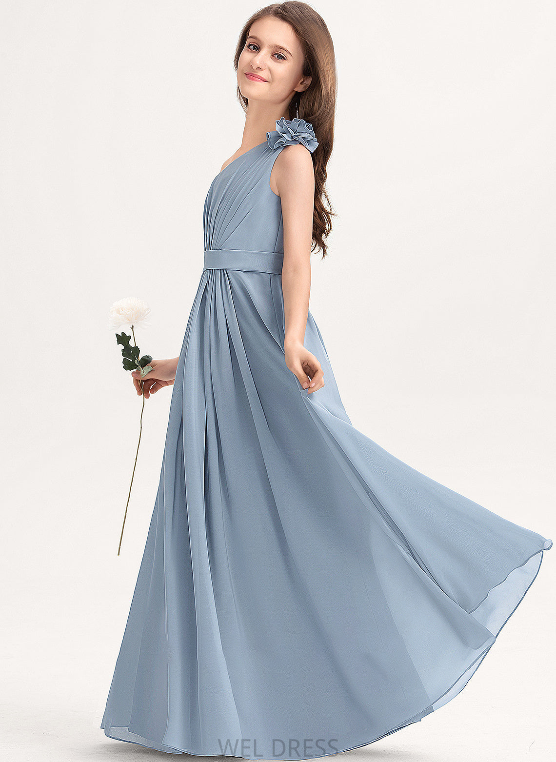 A-Line Chiffon With Flower(s) Junior Bridesmaid Dresses One-Shoulder Ruffle Tessa Floor-Length