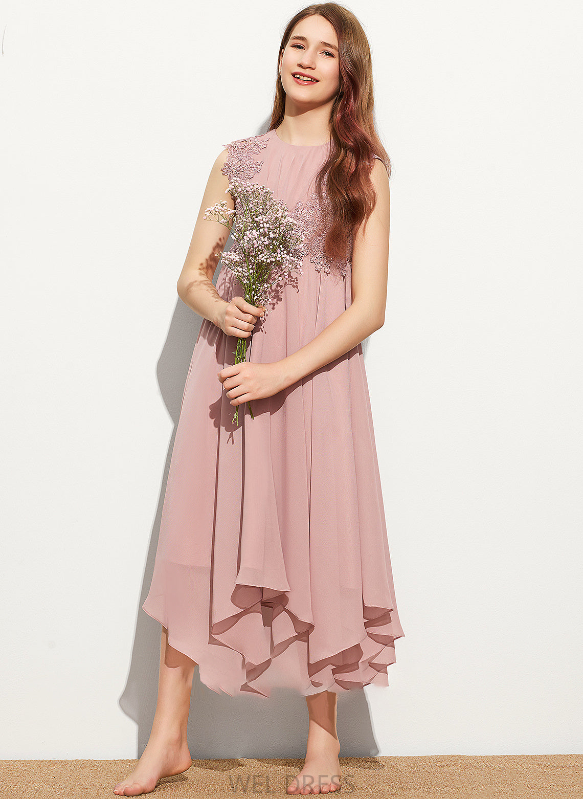 Junior Bridesmaid Dresses Chiffon Brylee Neck A-Line Tea-Length Scoop Lace
