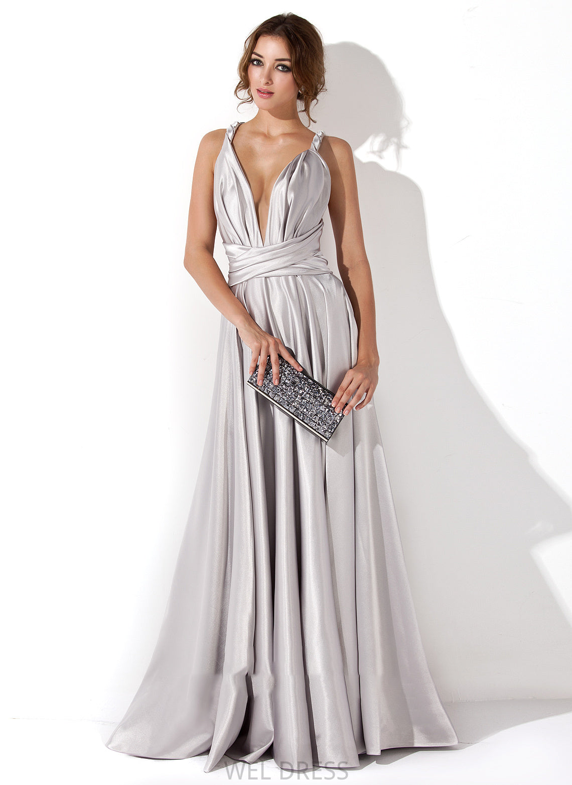Floor-Length With Ruffle Yadira Charmeuse V-neck Prom Dresses A-Line