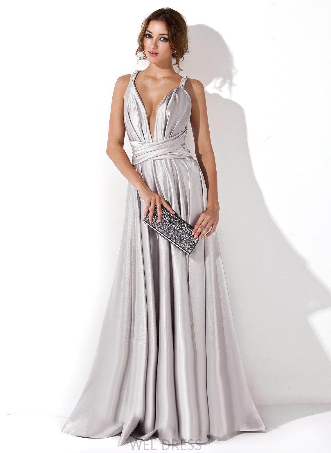 V-neck Charmeuse A-Line Floor-Length Pleated With Tamia Prom Dresses