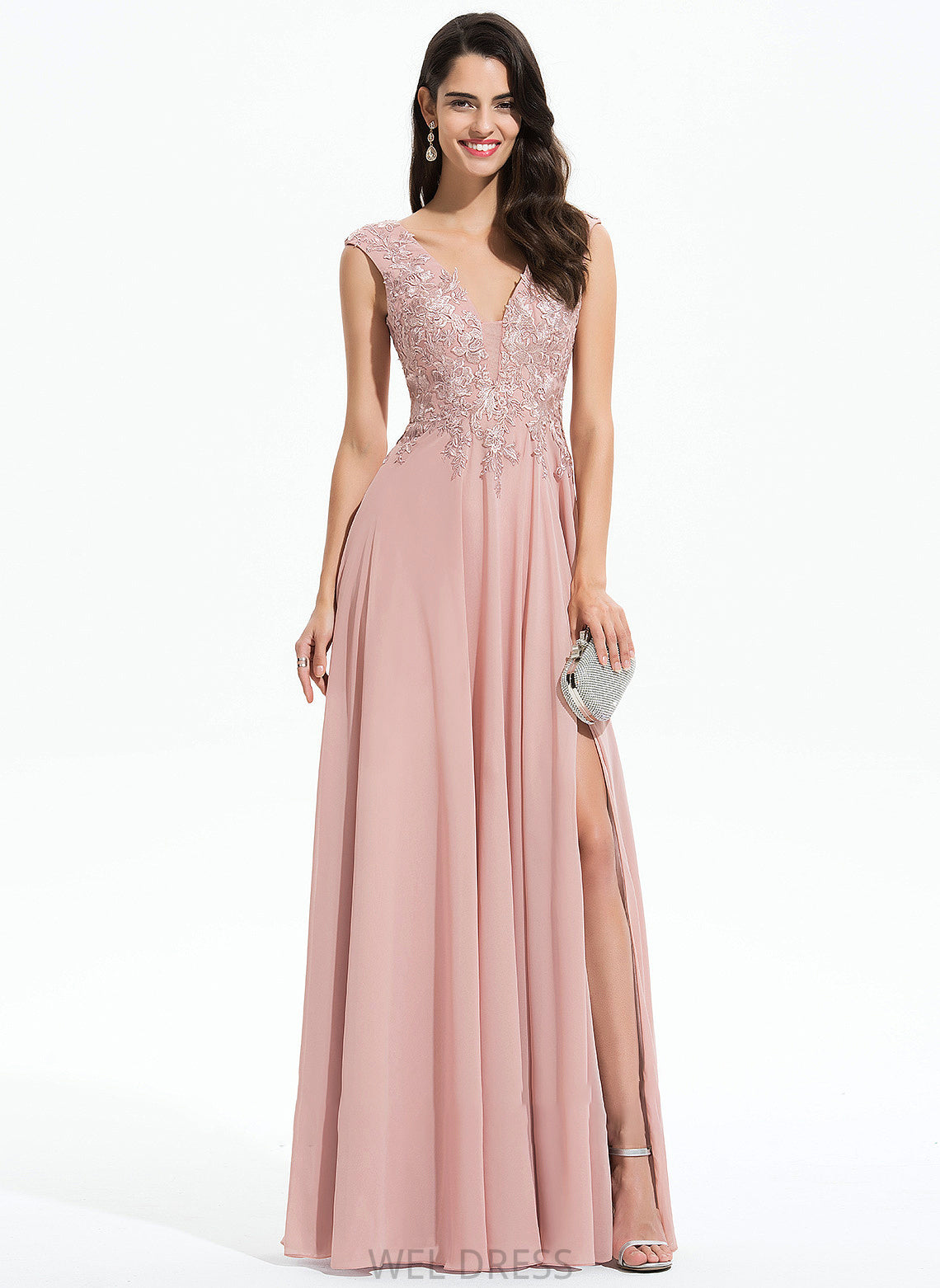 Split Floor-Length Front V-neck Mary With Lace Chiffon A-Line Prom Dresses