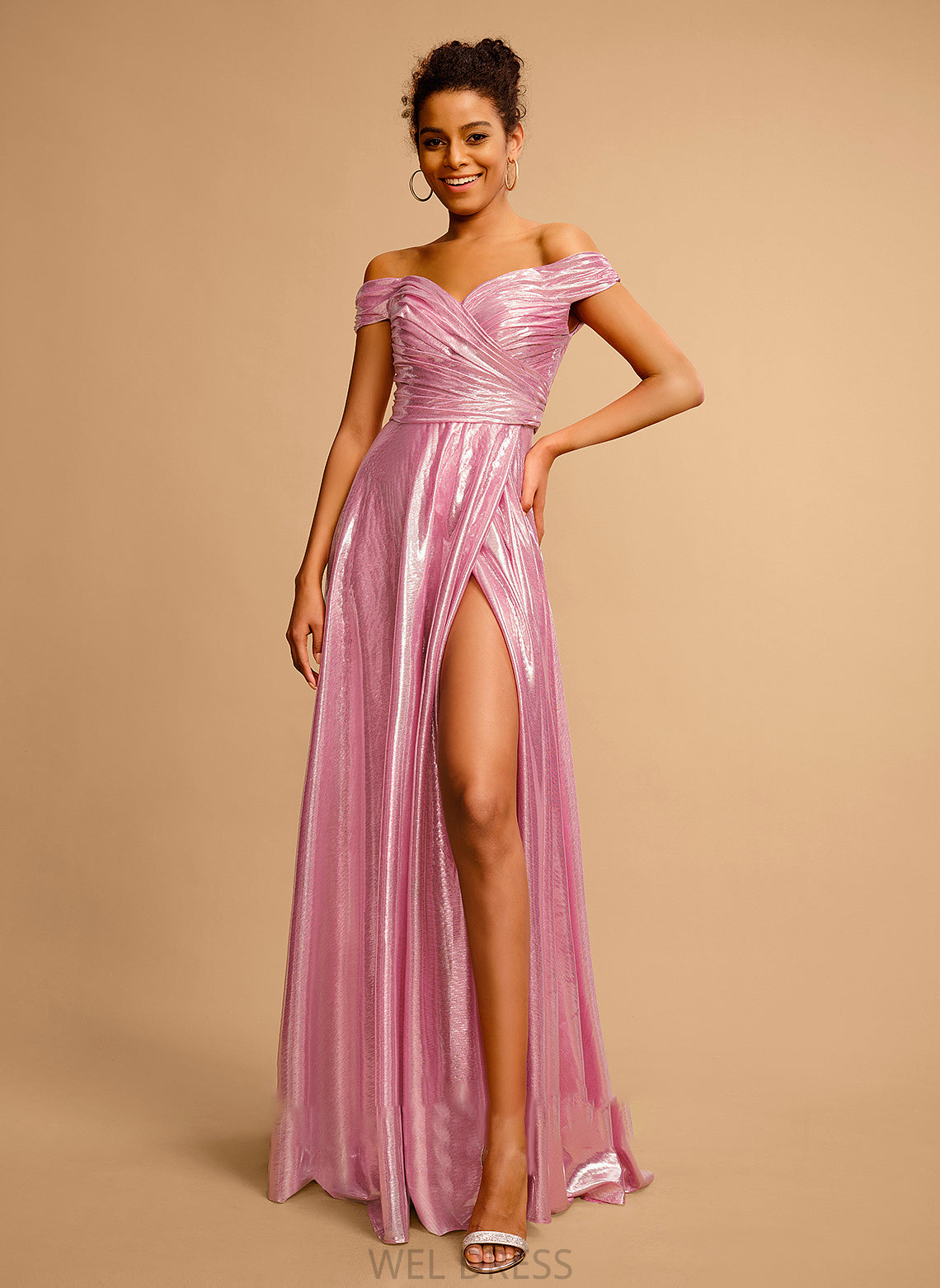 Floor-Length Off-the-Shoulder Satin A-Line Prom Dresses Greta With Sequins Pleated