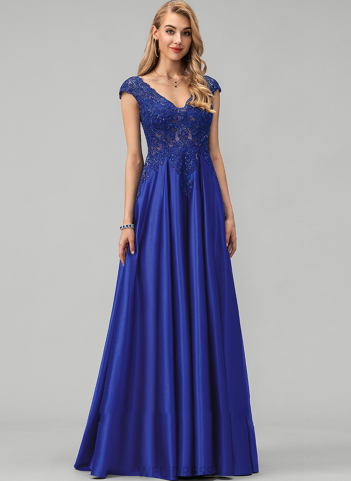 Satin Alula V-neck Ball-Gown/Princess Lace Prom Dresses Floor-Length With Sequins