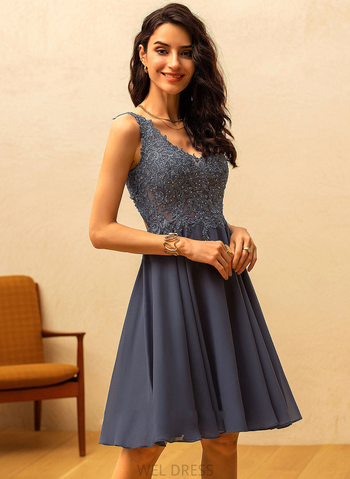 Homecoming Lace With A-Line Beading Homecoming Dresses Lizeth V-neck Dress Knee-Length Chiffon