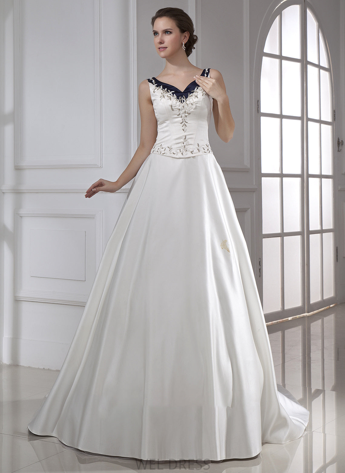Wedding Dresses Sequins Chapel Mercedes Satin V-neck Wedding Dress Ball-Gown/Princess Embroidered Beading With Train