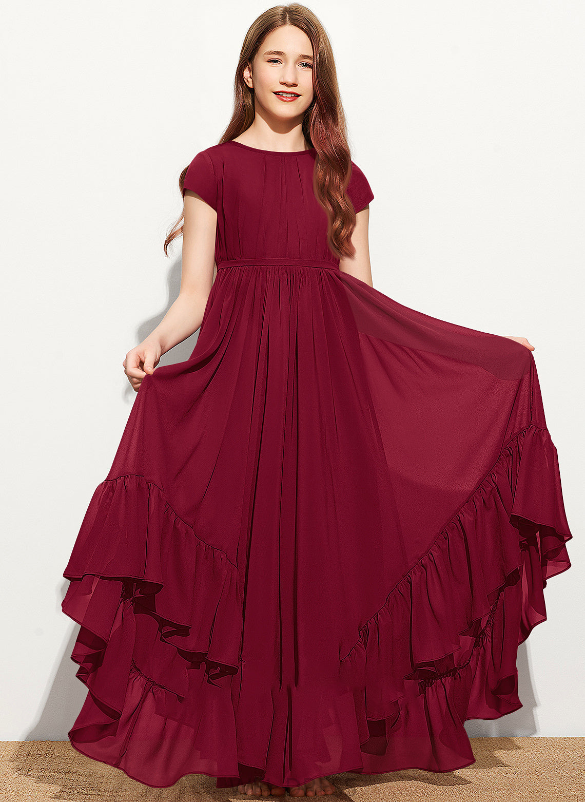 Cascading Junior Bridesmaid Dresses A-Line Floor-Length Ruffles Amiah Bow(s) Scoop Lace Neck With Appliques Chiffon