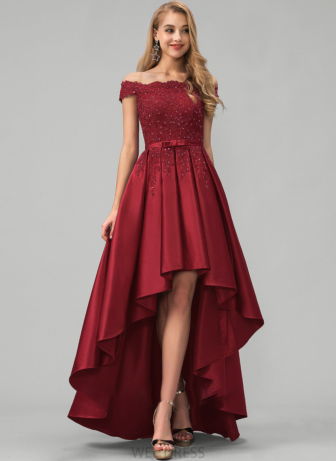 Sequins Ball-Gown/Princess Satin Asymmetrical Bow(s) Off-the-Shoulder With Prom Dresses Lace Destiny Beading