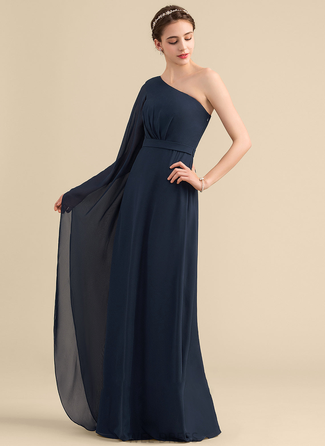 One-Shoulder Floor-Length Neckline Ruffle Fabric Length A-Line Silhouette Embellishment Arianna A-Line/Princess Sleeveless