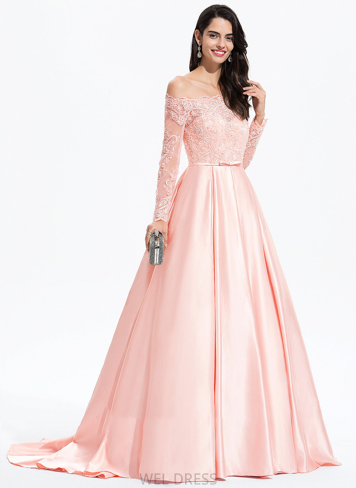 Irene Ball-Gown/Princess Prom Dresses Sweep Bow(s) With Satin Train Off-the-Shoulder