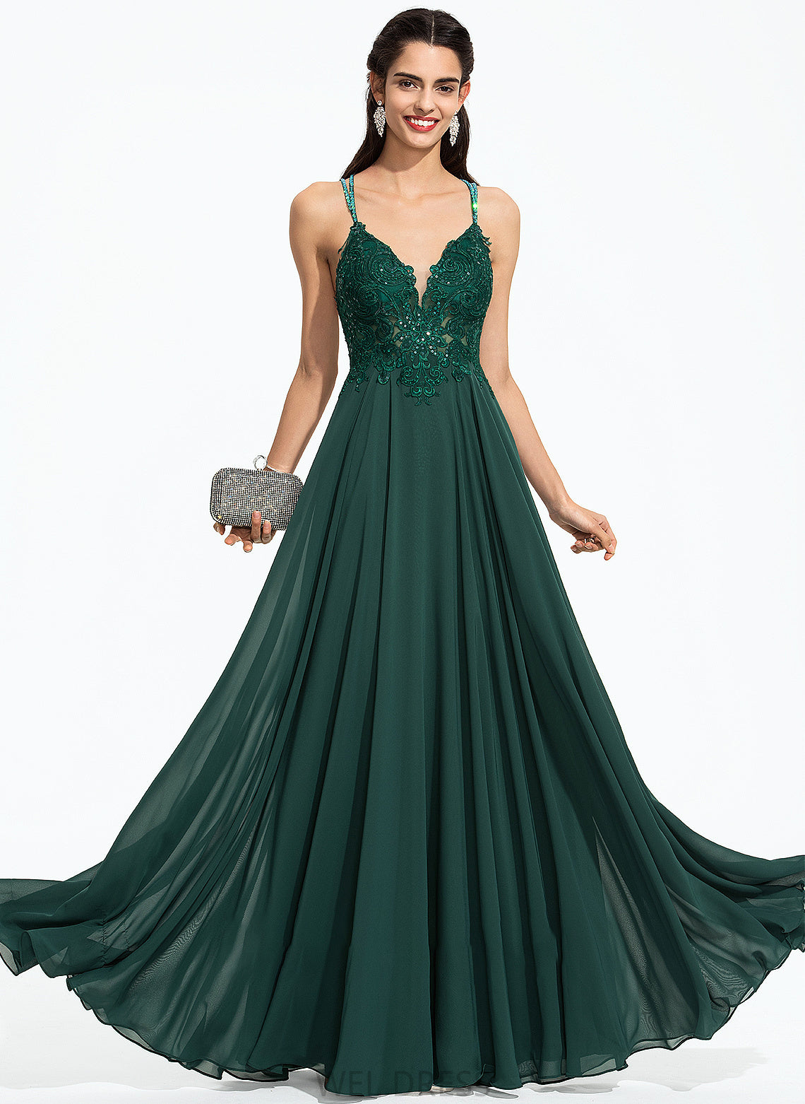 With Floor-Length Beading A-Line V-neck Prom Dresses Chiffon Sequins Kaila