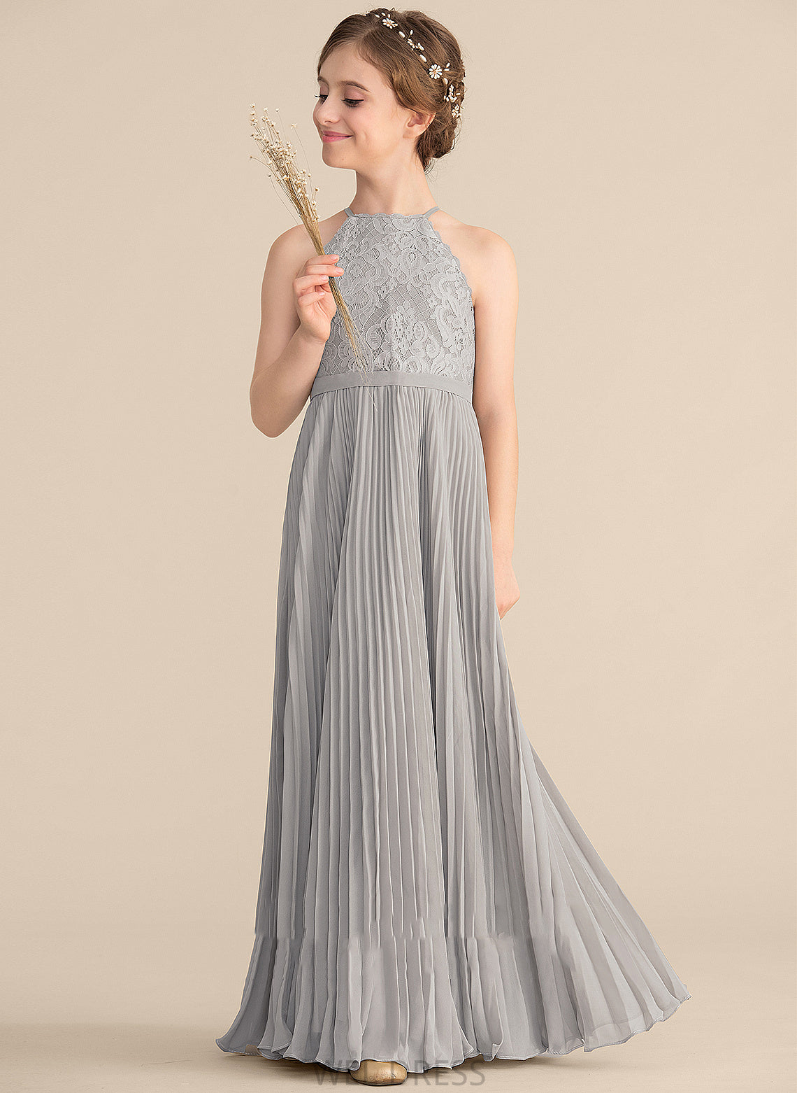 Lace Chiffon Junior Bridesmaid Dresses Neck Scoop With A-Line Hallie Floor-Length Pleated
