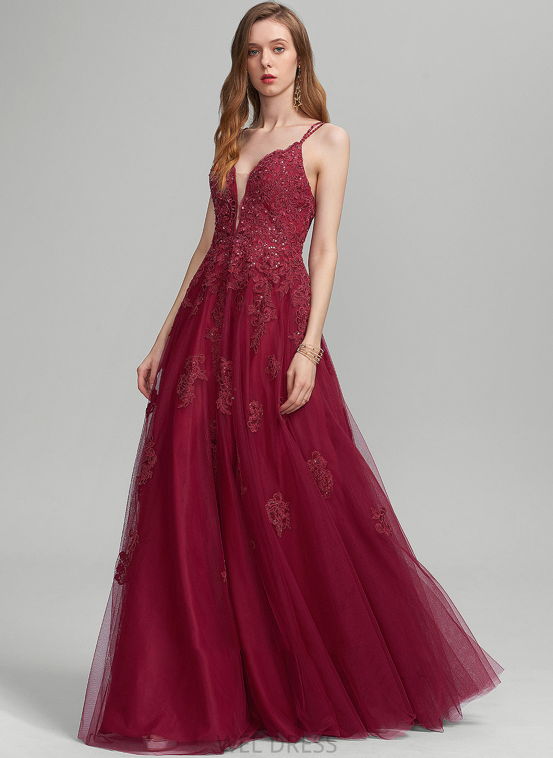 With Prom Dresses Beading Floor-Length A-Line Cara V-neck Sequins Tulle