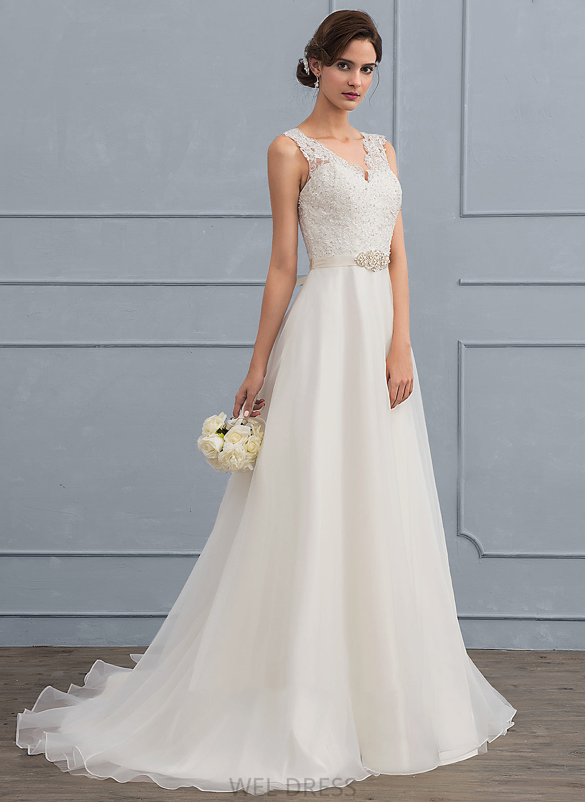 Wedding Dresses A-Line Beading Dress Sweep Train Melanie Bow(s) Wedding Organza V-neck With