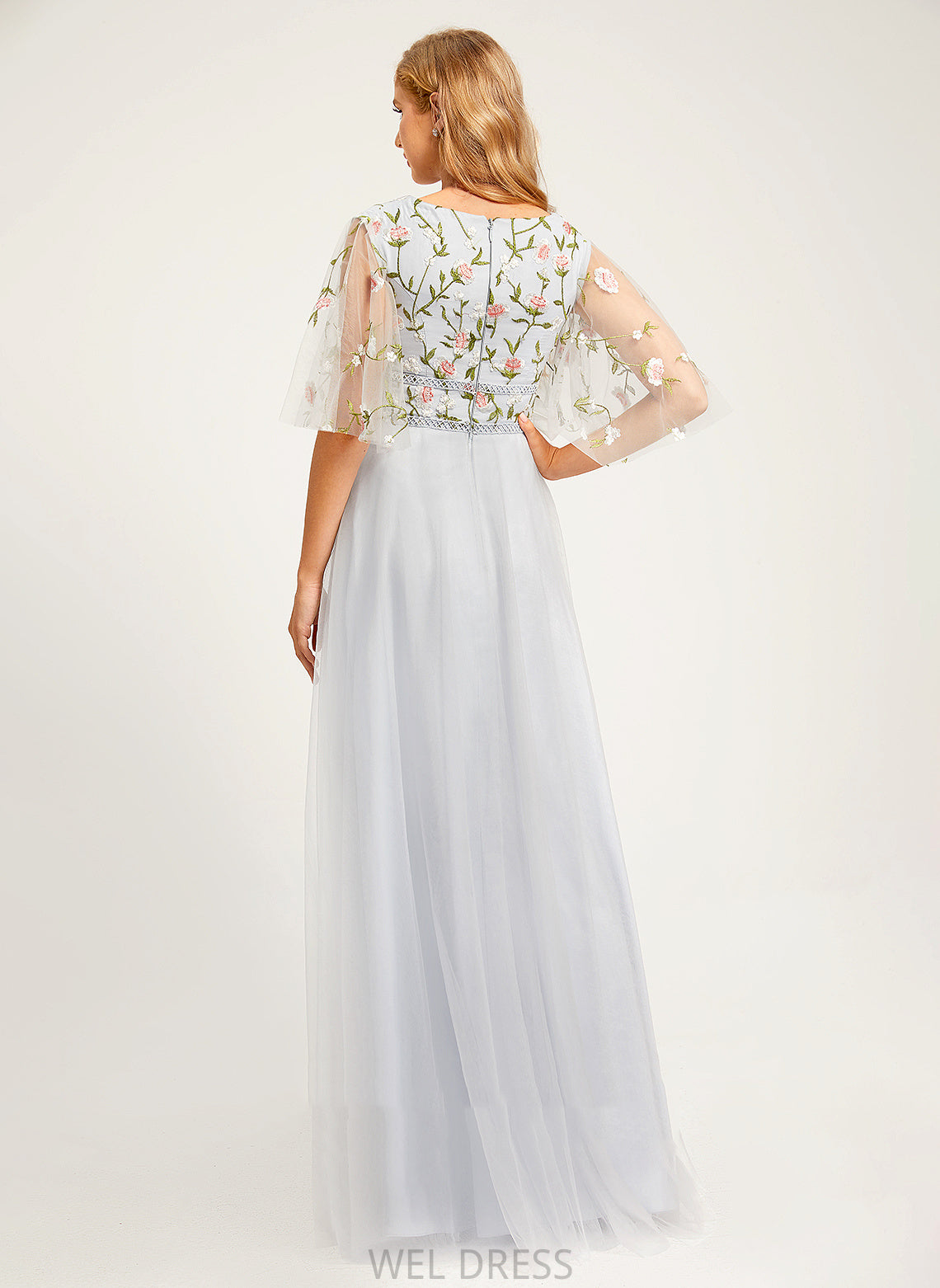 Length A-Line Flower(s) Fabric Neckline V-neck Floor-Length Embellishment Silhouette Norah Natural Waist V-Neck Bridesmaid Dresses