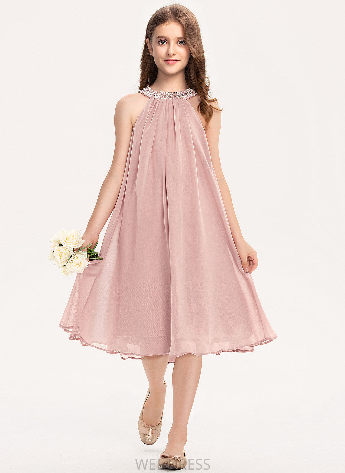 Junior Bridesmaid Dresses Knee-Length Madalyn With A-Line Neck Beading Scoop Sequins Chiffon