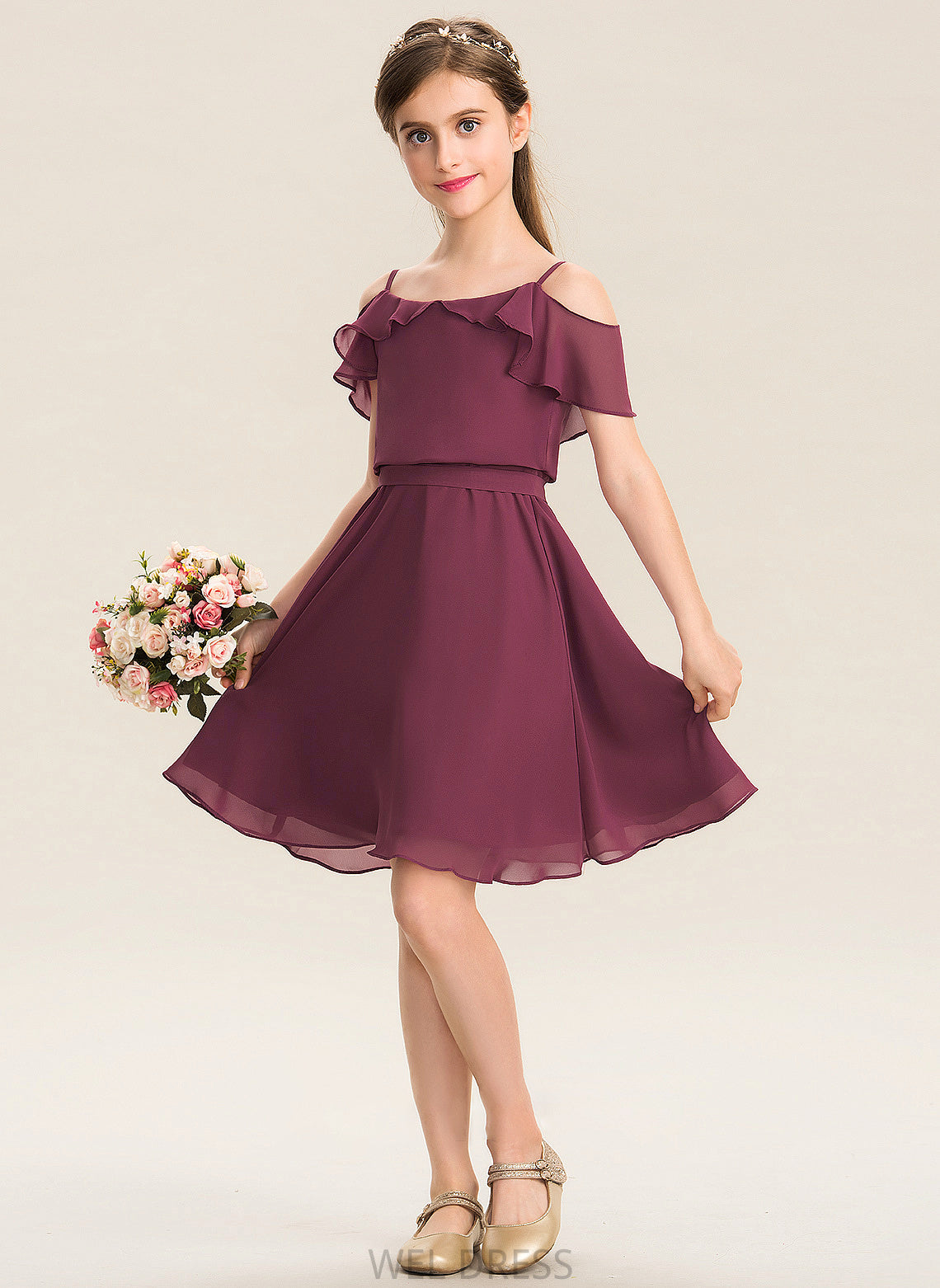 Cascading Zoey Bow(s) A-Line Chiffon Knee-Length Ruffles Junior Bridesmaid Dresses Off-the-Shoulder With