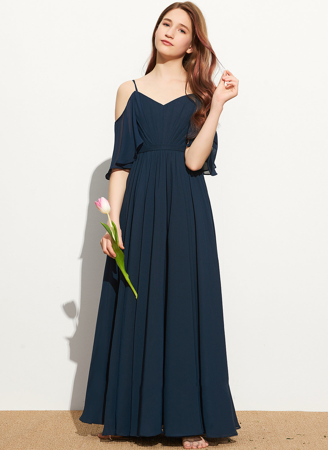A-Line Campbell Chiffon Off-the-Shoulder With Ruffle Junior Bridesmaid Dresses Floor-Length