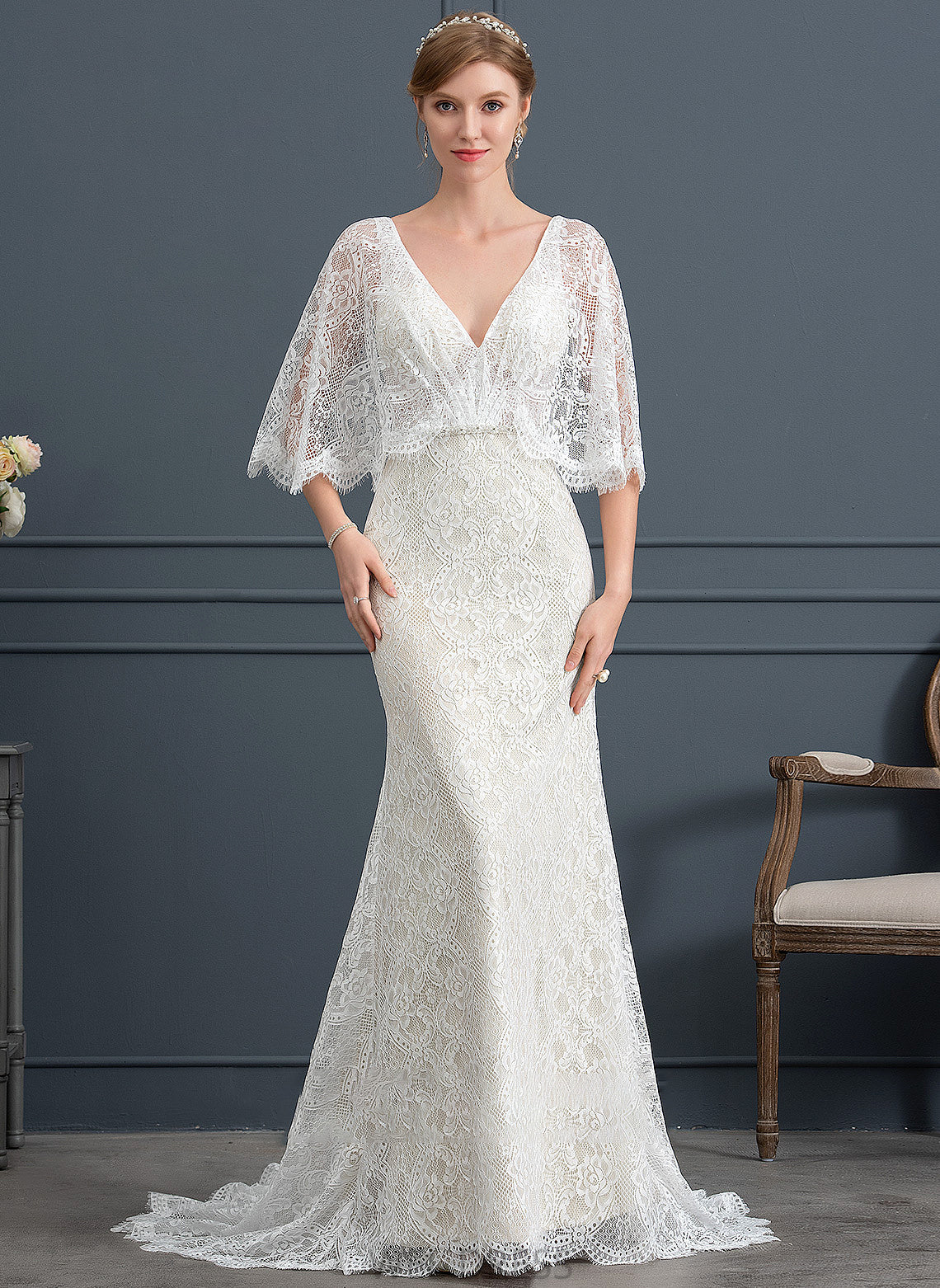 Wedding Lace Trumpet/Mermaid Beading Wedding Dresses Train Sweep V-neck With Sequins Dress Carla