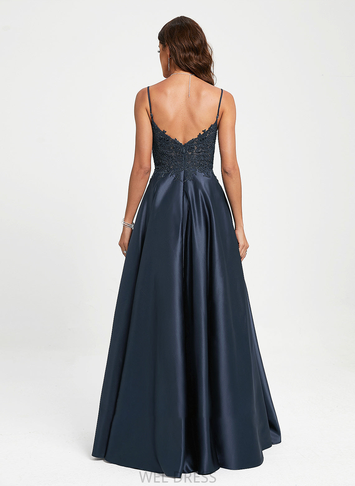 Lace V-neck Sequins Floor-Length With Satin A-Line Elise Prom Dresses