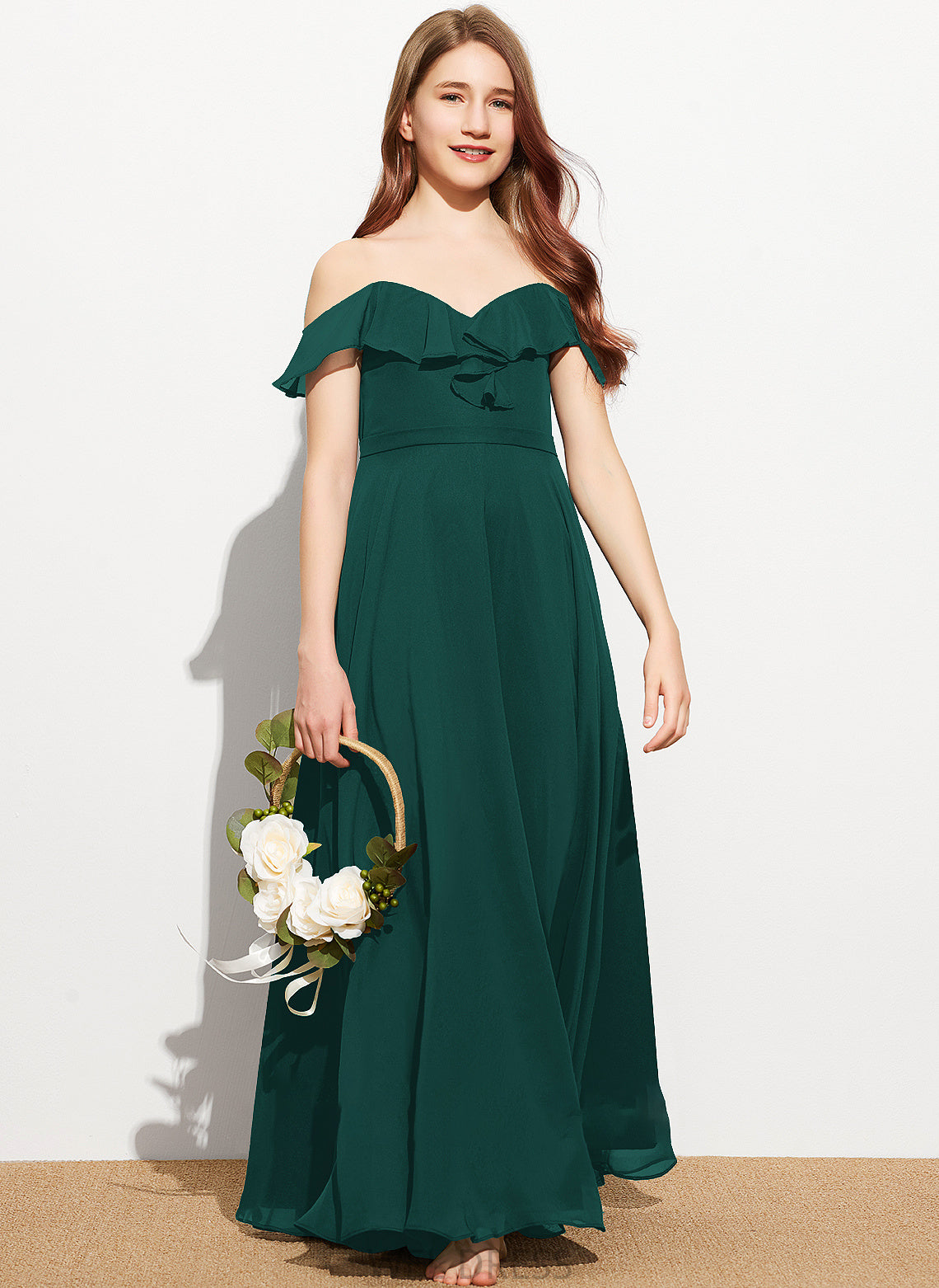 Floor-Length Ruffles Paige Junior Bridesmaid Dresses With A-Line Cascading Off-the-Shoulder Chiffon