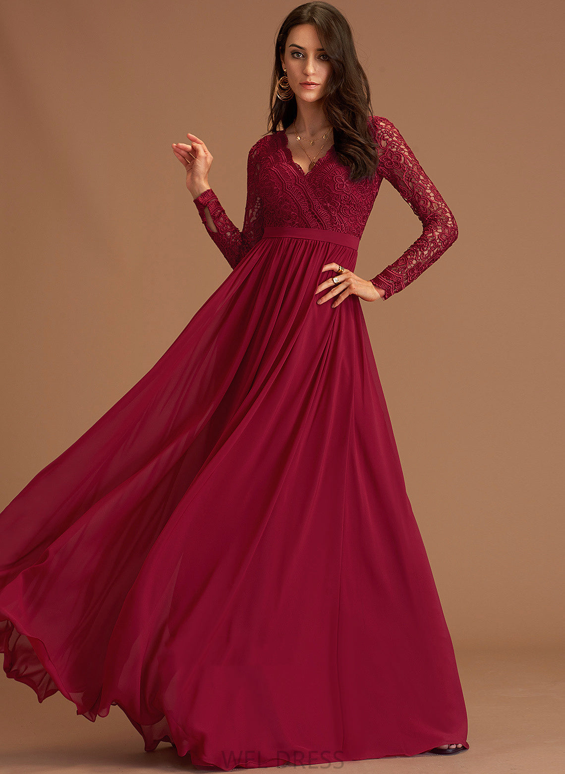Chiffon V-neck Prom Dresses Charlee Lace Floor-Length A-Line