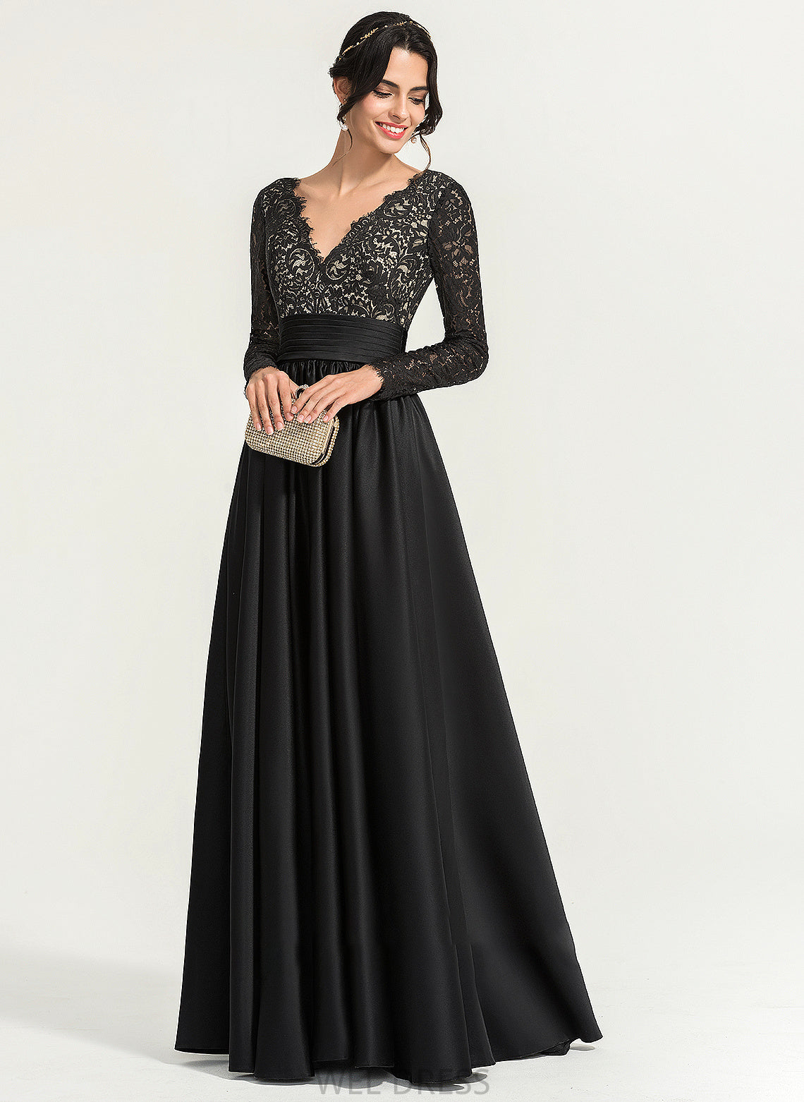 V-neck Satin Prom Dresses Margaret Floor-Length Ball-Gown/Princess