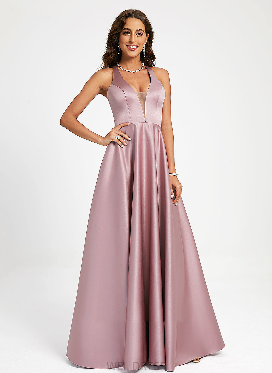 Satin A-Line V-neck Nathalia Floor-Length Prom Dresses