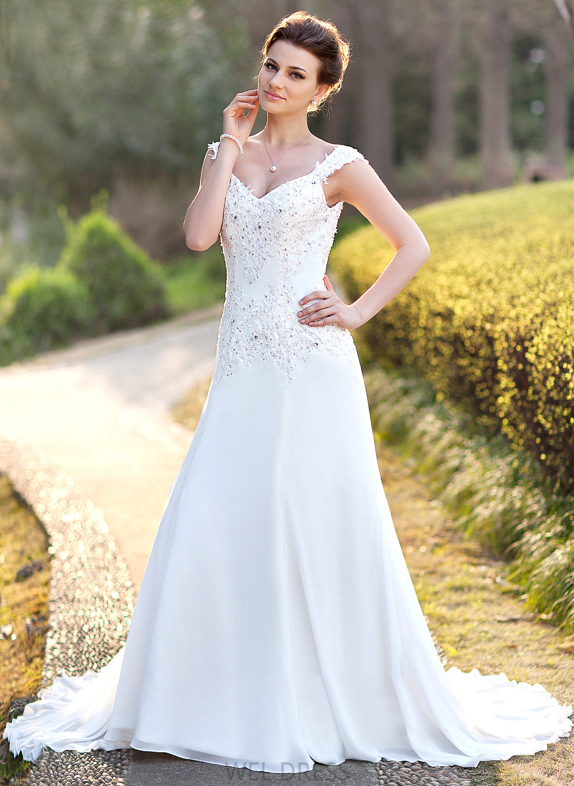 Beading Lace Court Wedding Dresses Chiffon V-neck Dress Wedding Sequins Mollie Train With A-Line