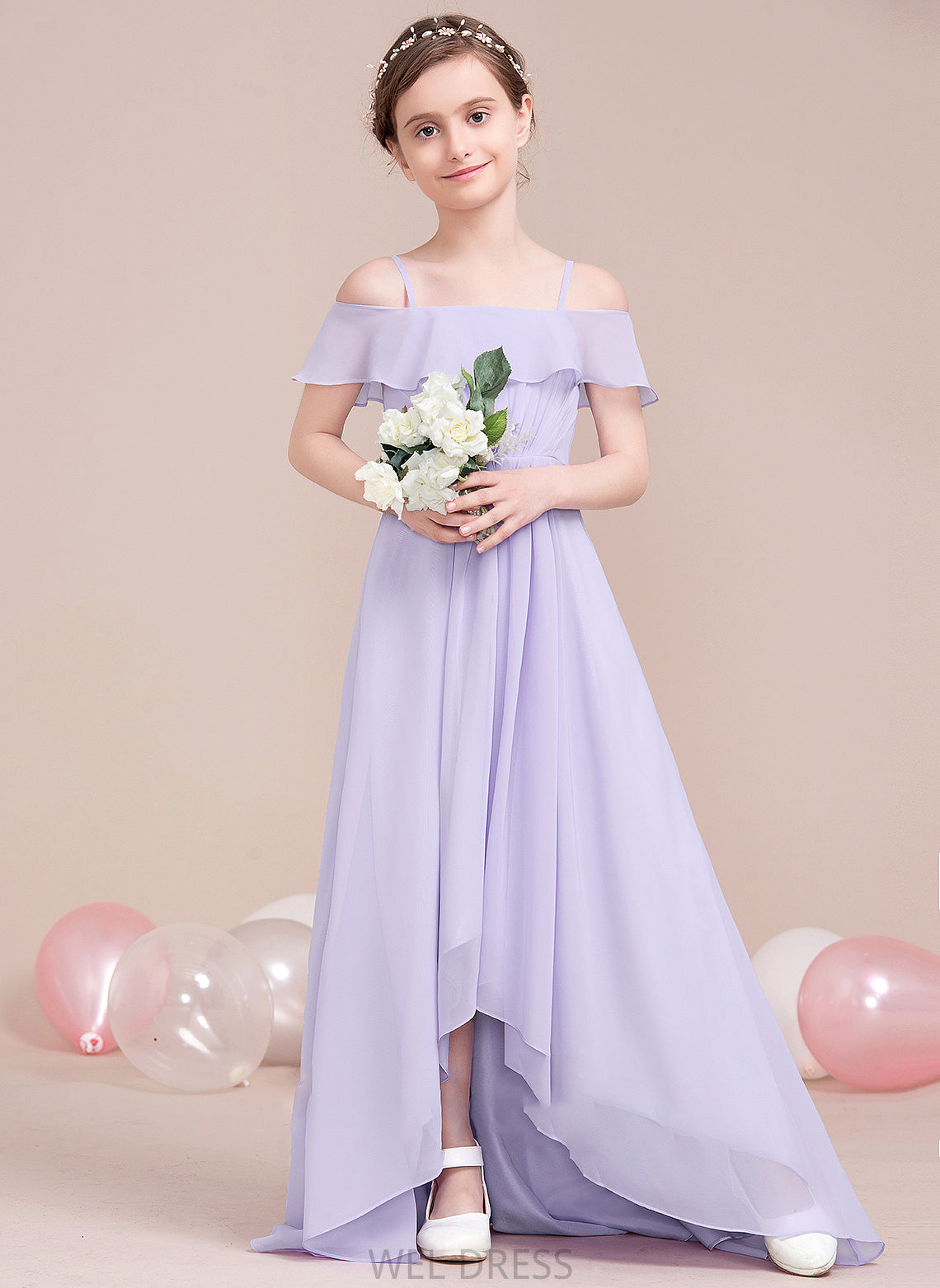 Asymmetrical Junior Bridesmaid Dresses Off-the-Shoulder Ruffles Gina Chiffon Cascading With A-Line