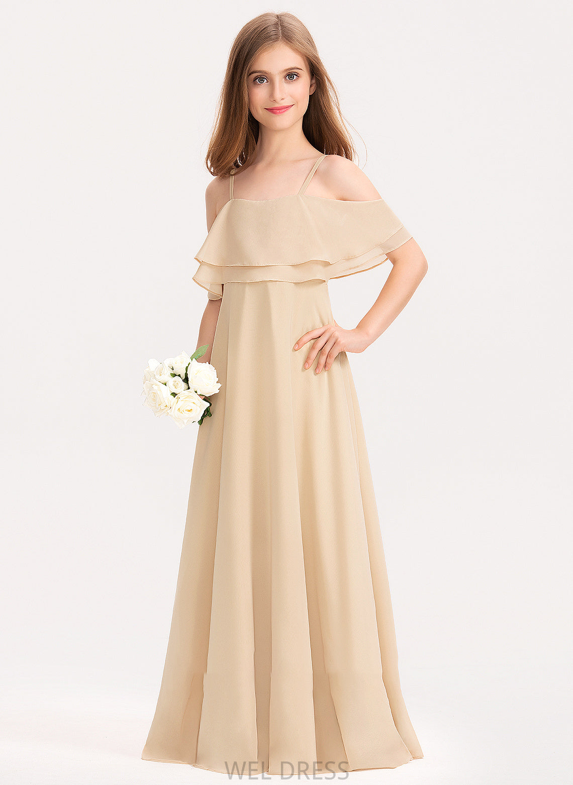 Ruffles With Junior Bridesmaid Dresses Floor-Length Kayden Cascading Off-the-Shoulder Chiffon A-Line