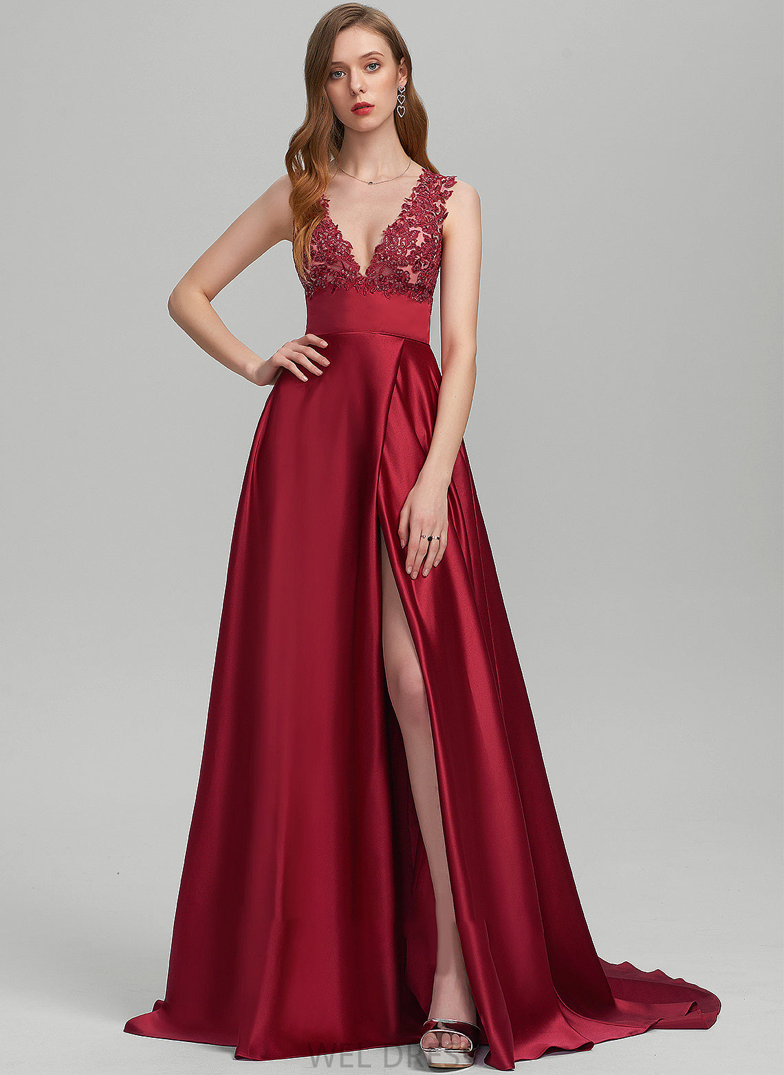 Front Araceli Split Ball-Gown/Princess With Sequins Sweep V-neck Satin Train Prom Dresses