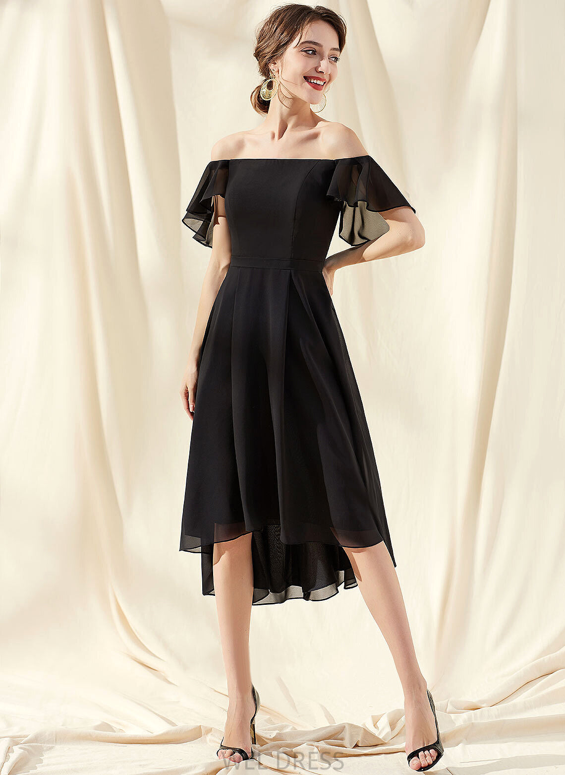 Dress With Off-the-Shoulder A-Line Homecoming Cloe Chiffon Asymmetrical Homecoming Dresses Cascading Ruffles