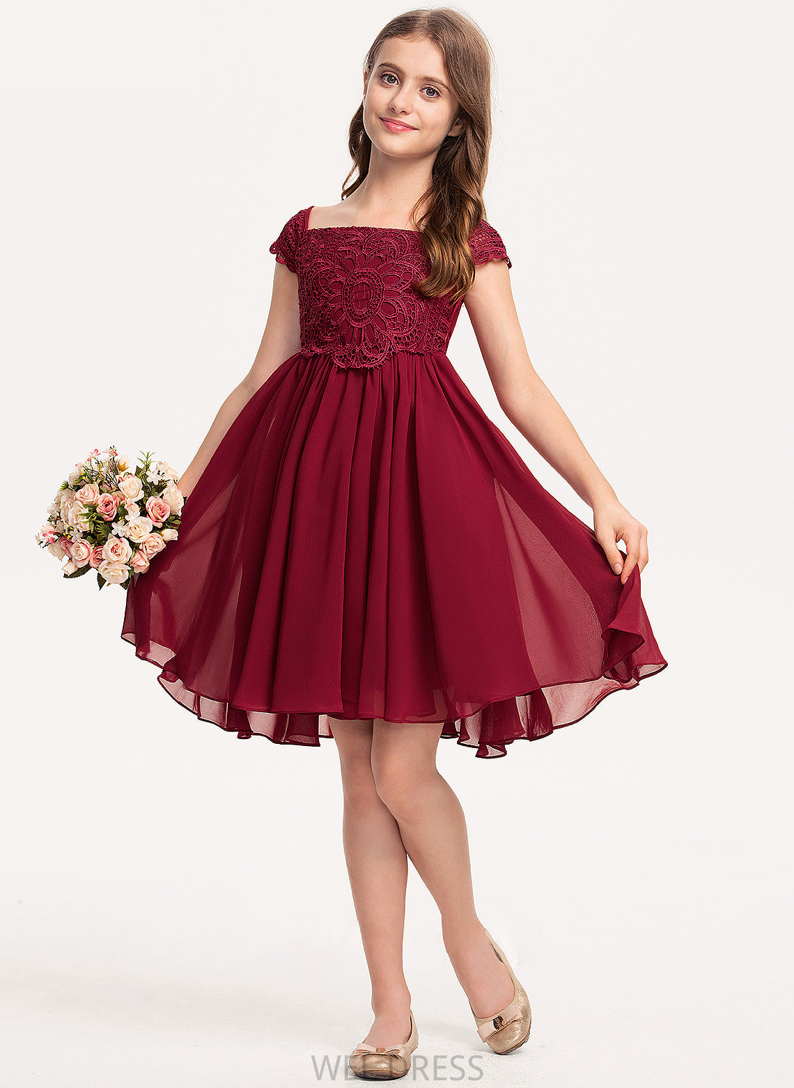 Knee-Length With Chiffon Junior Bridesmaid Dresses Bow(s) A-Line Lace Off-the-Shoulder Joslyn