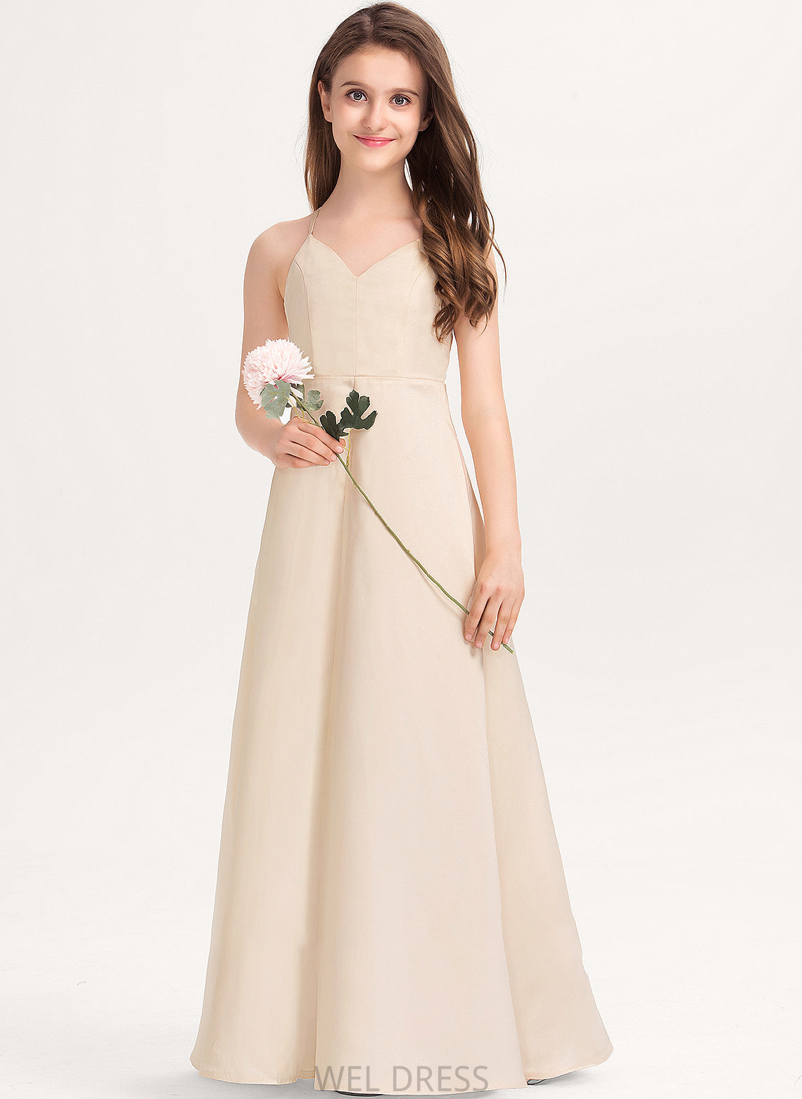 Floor-Length Junior Bridesmaid Dresses Pockets V-neck A-Line Satin Savannah With