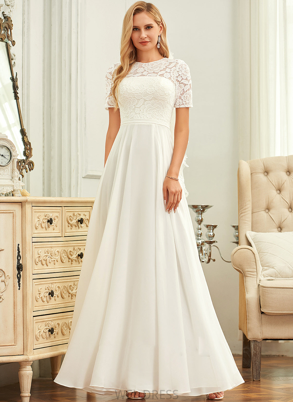 Lace Neck Wedding Dresses Eileen Scoop Floor-Length Wedding A-Line Chiffon Dress