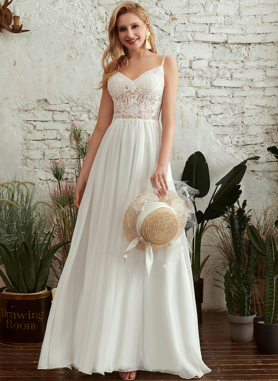 Beading Dress With Wedding V-neck Wedding Dresses Edith Chiffon Lace Floor-Length A-Line